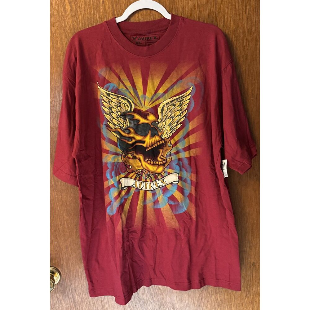 NWT Avirex Skull Flames Wings Graphic T-Shirt Men’s XL Burgundy Tattoo Y2K